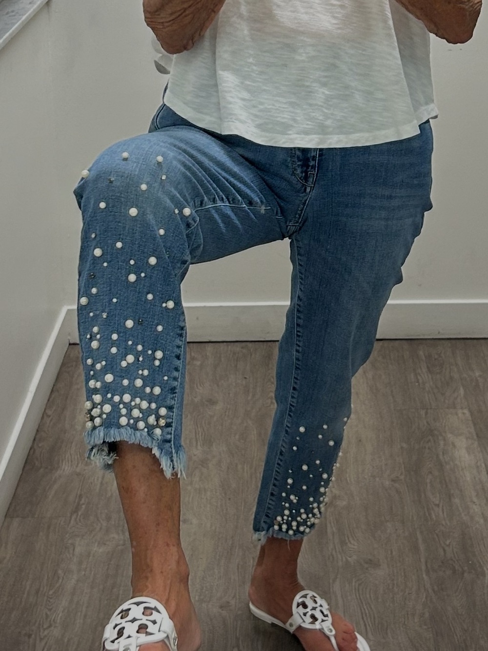 Pilcro and the Letterpress by Anthropologie Blue Pearl-Embellished Cropped Jeans